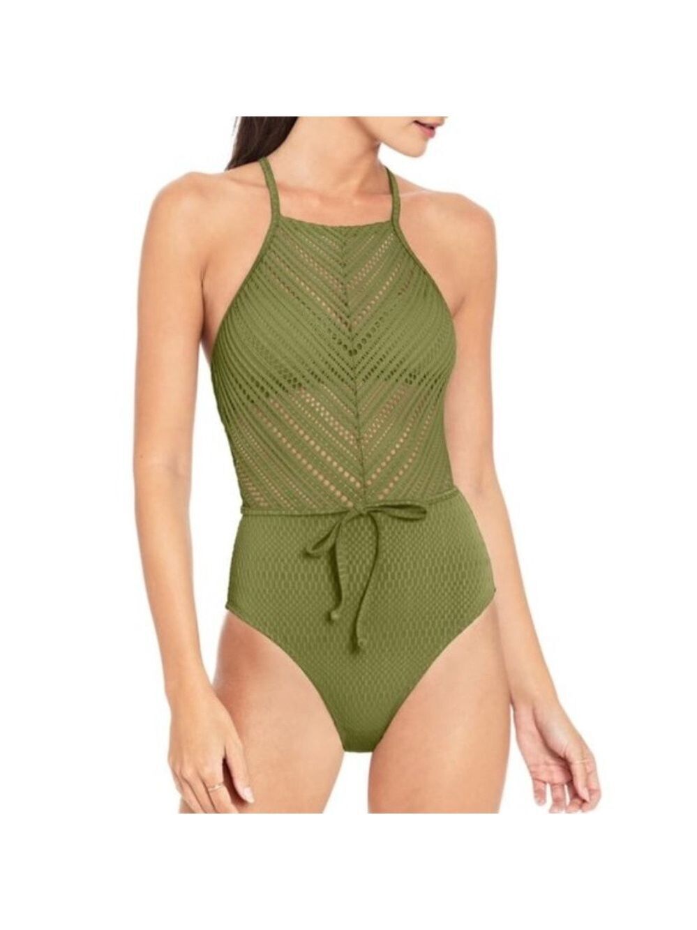ROBIN PICCONE Mixed Crochet High Neck Swimsuit